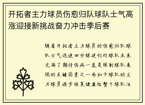开拓者主力球员伤愈归队球队士气高涨迎接新挑战奋力冲击季后赛