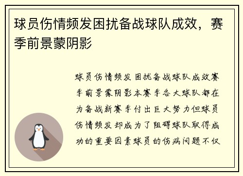 球员伤情频发困扰备战球队成效，赛季前景蒙阴影