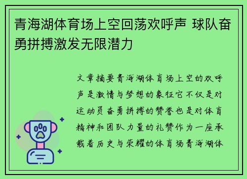 青海湖体育场上空回荡欢呼声 球队奋勇拼搏激发无限潜力