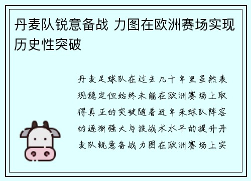 丹麦队锐意备战 力图在欧洲赛场实现历史性突破