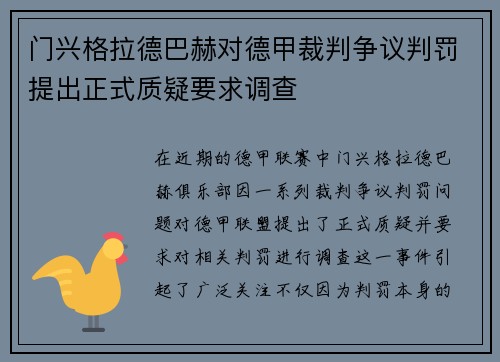 门兴格拉德巴赫对德甲裁判争议判罚提出正式质疑要求调查