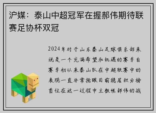 沪媒：泰山中超冠军在握郝伟期待联赛足协杯双冠