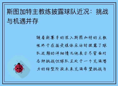 斯图加特主教练披露球队近况：挑战与机遇并存