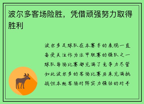 波尔多客场险胜，凭借顽强努力取得胜利