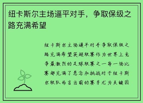 纽卡斯尔主场逼平对手，争取保级之路充满希望