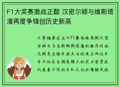 F1大奖赛激战正酣 汉密尔顿与维斯塔潘再度争锋创历史新高
