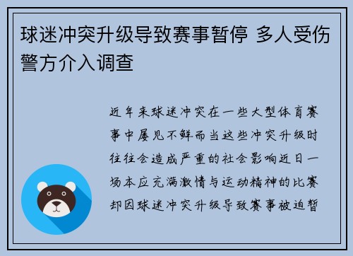 球迷冲突升级导致赛事暂停 多人受伤警方介入调查
