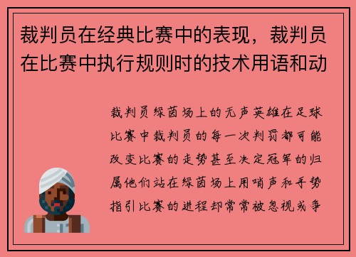 裁判员在经典比赛中的表现，裁判员在比赛中执行规则时的技术用语和动作