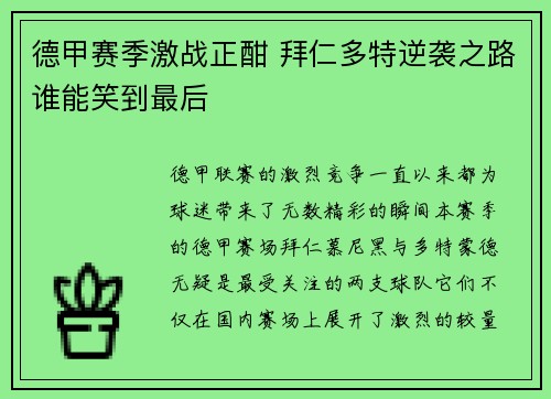 德甲赛季激战正酣 拜仁多特逆袭之路谁能笑到最后