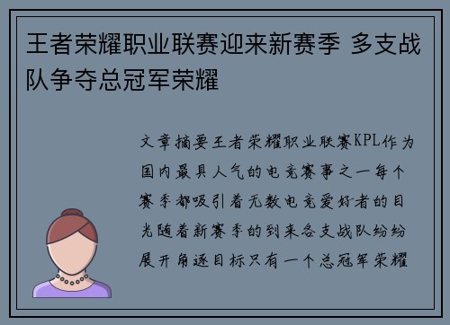 王者荣耀职业联赛迎来新赛季 多支战队争夺总冠军荣耀